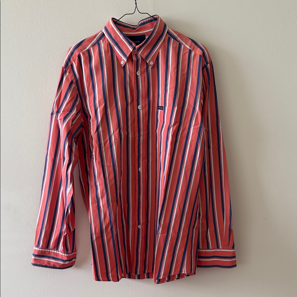 Faconnable Orange White Blue Striped Poplin Button Down French Designer Shirt M